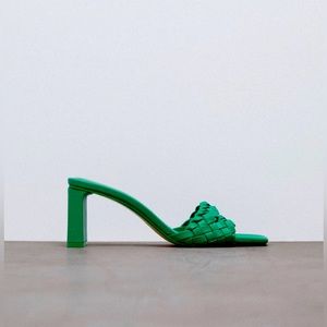 Green Zara Heeled Woven Sandals